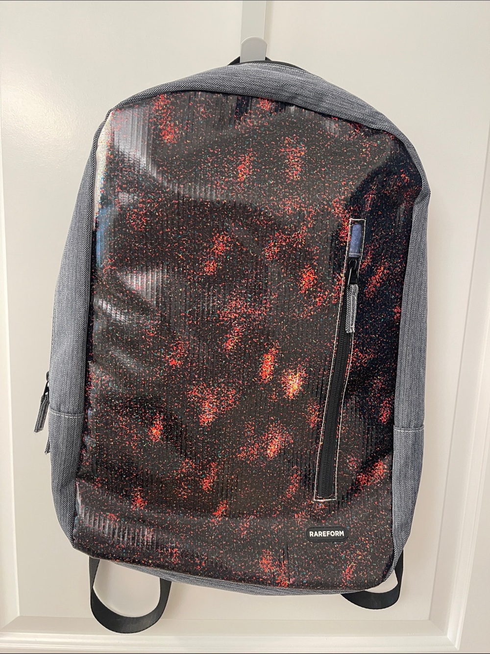 RAREFORM California Men's Black Backpack with Red and Blue Speckle Pattern